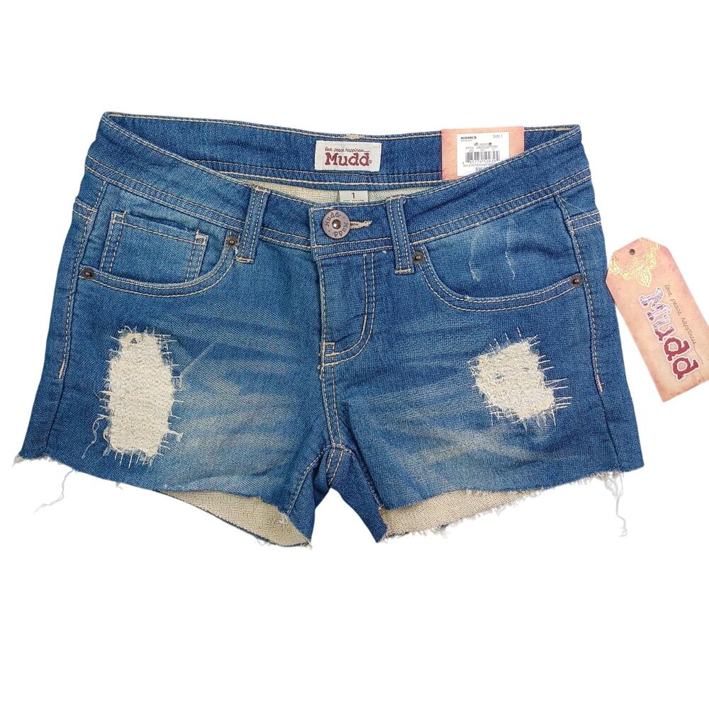 Mudd Low Rise Denim Shorts Size 1 Blue Rip & Repair Knit Shortie 2" Cutoffs Boho